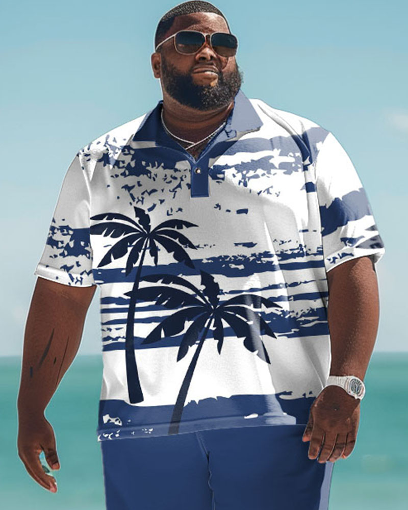 Men's Plus Size Hawaiian Irregular Graffiti Coconut Tree Print Polo Shorts Suit