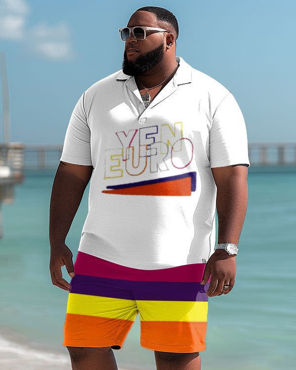 Men's Plus Size Casual Simple Colorblock English Print Polo Shorts Suit