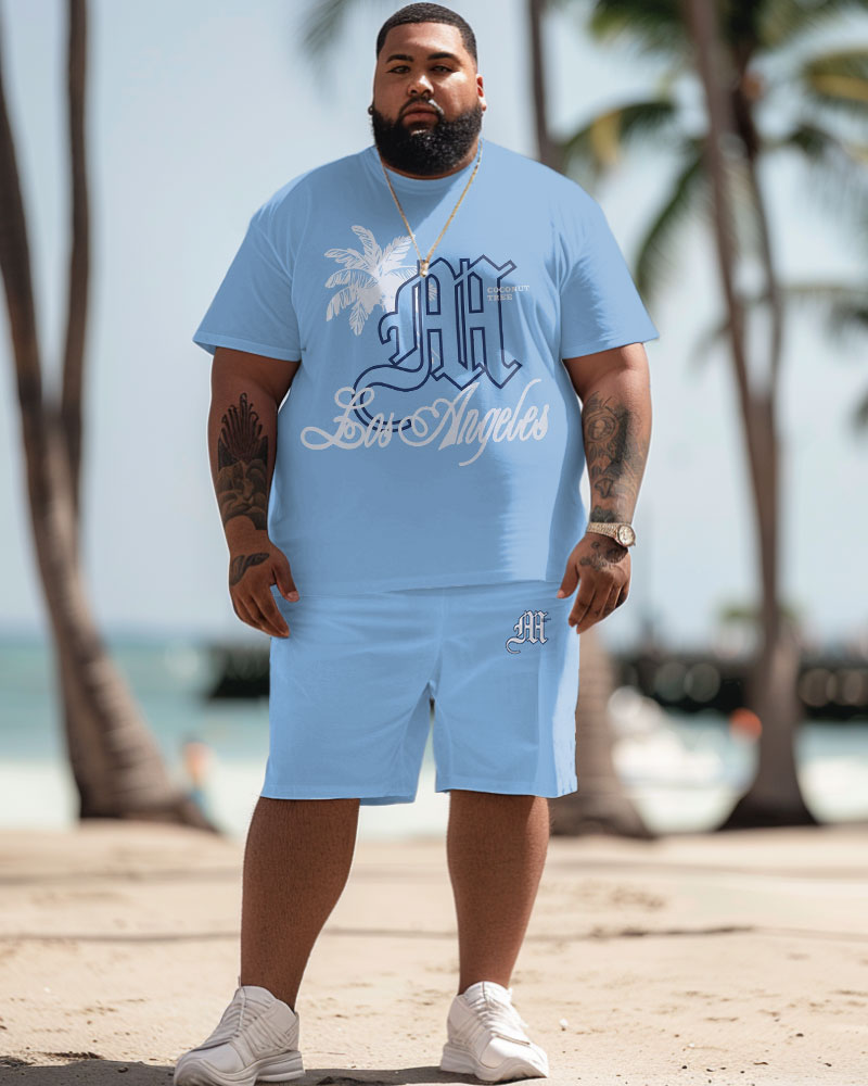 Men's Plus Size Hawaiian Coconut Tree Angel Alphabet Print T-Shirt Shorts Suit