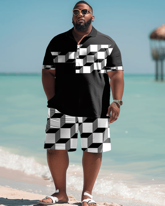 Men's Plus Size 3D Plaid Print Polo Shirt Shorts Set