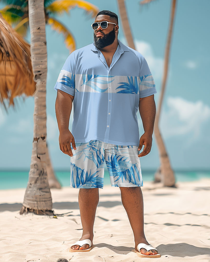 Men's Plus Size Simple Hawaiian Plant Print Shirt Shorts Suit