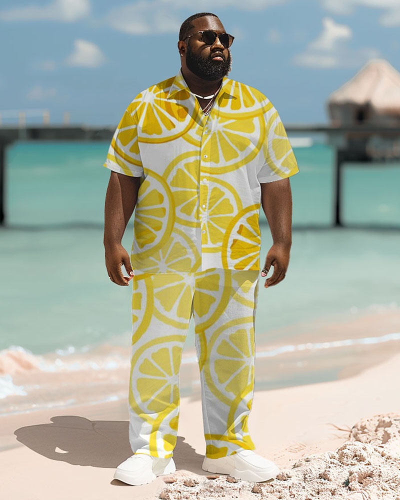 Men's Plus Size Hawaiian Lemon Print Short Sleeve Shirt Trousers Suit