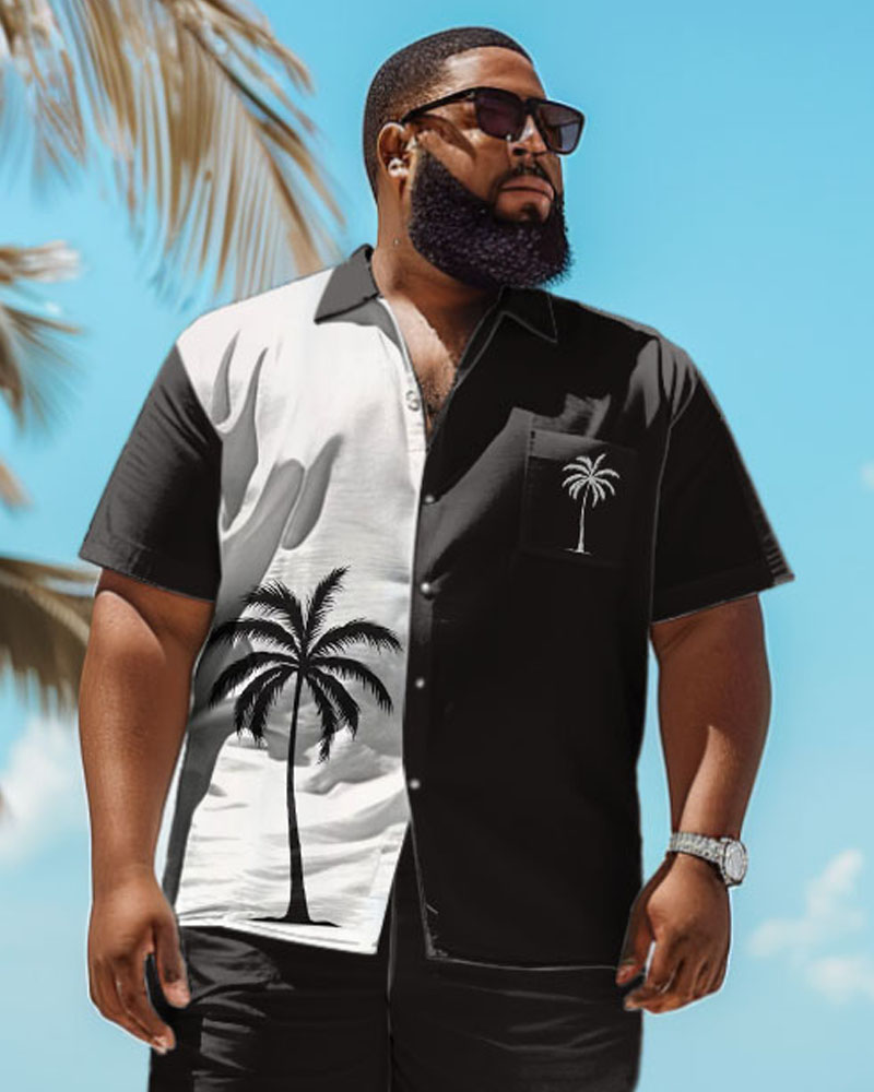 Men's Plus Size Hawaiian Black And White Coconut Tree Print Pocket Shirt Shorts Set