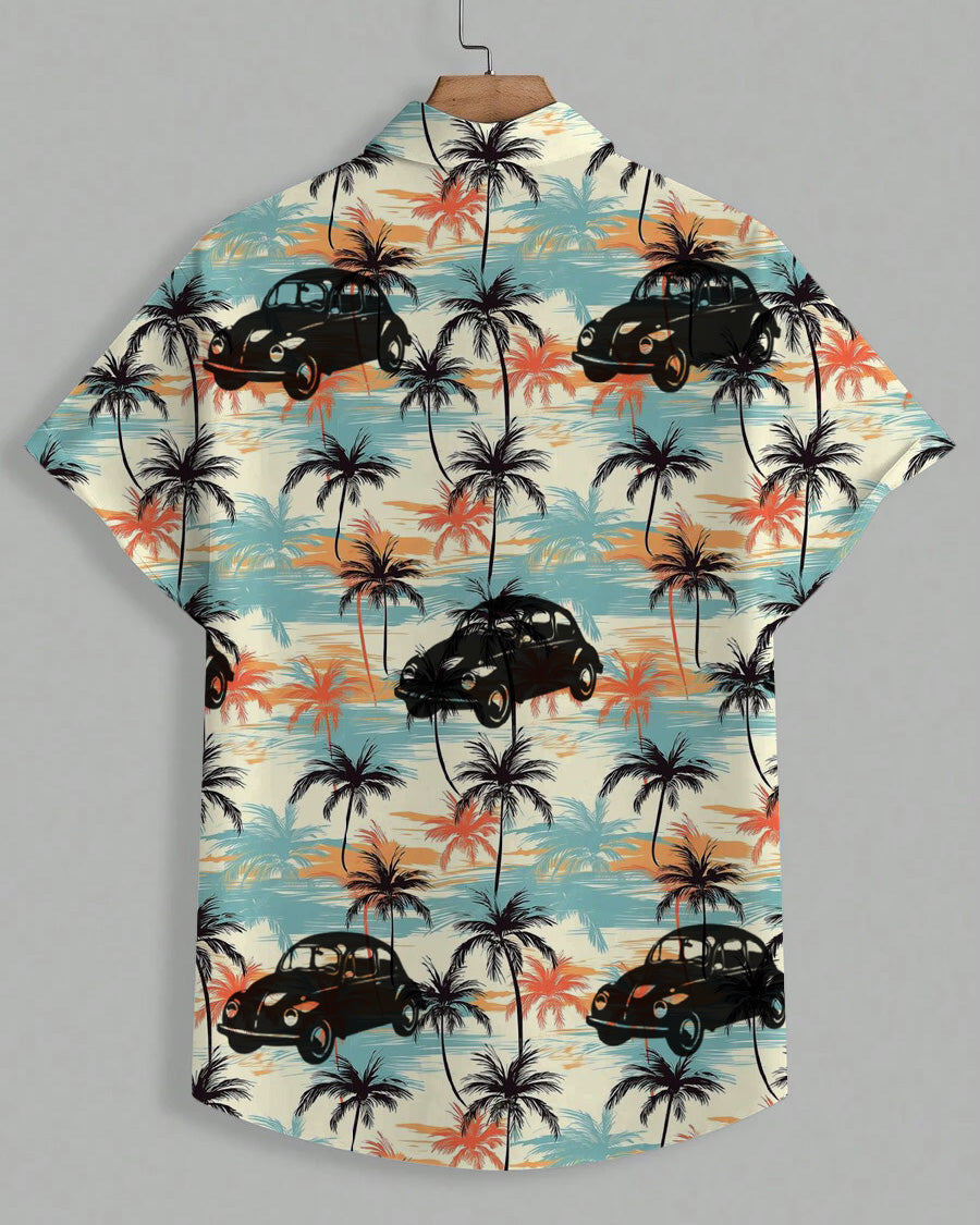 Men's Plus Size Hawaiian Green Coconut Tree Car Print Short Sleeve Shirt