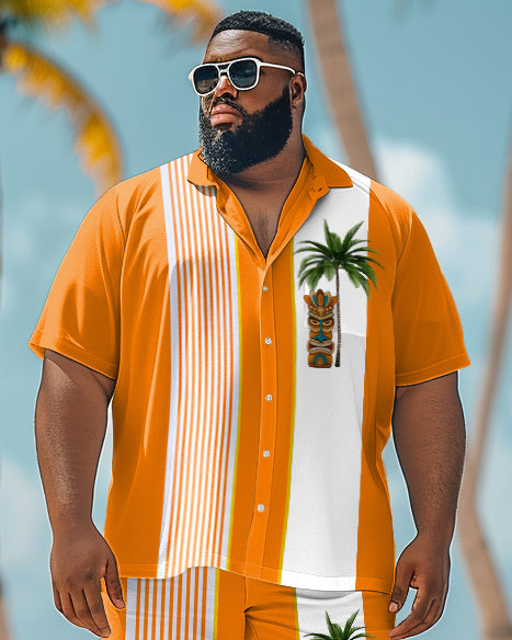 Men's Plus Size Coconut Tree Stitching Orange Stripes Short Sleeve Shirt Shorts Suit