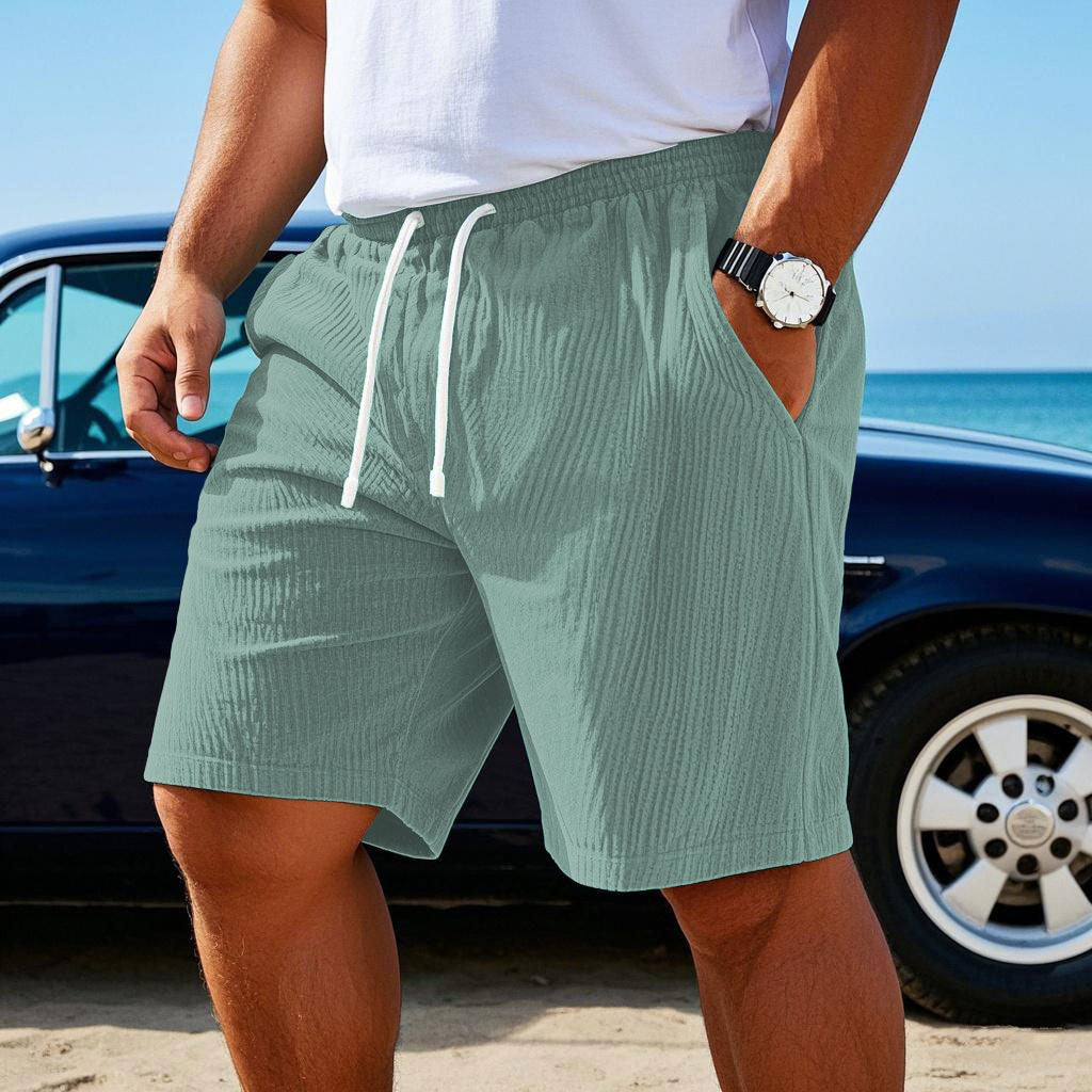 Men's Corduroy Surfing Shorts Summer Comfortable Casual Vacation Shorts Drawstring Elastic Waist Pocket Shorts