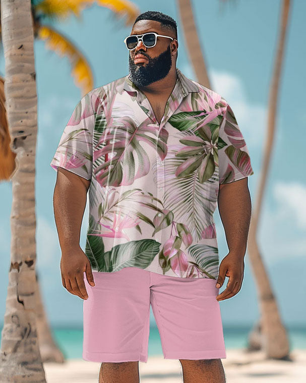 Big and Tall Men Hawaiian Plant Print Pink Shirt Shorts Set