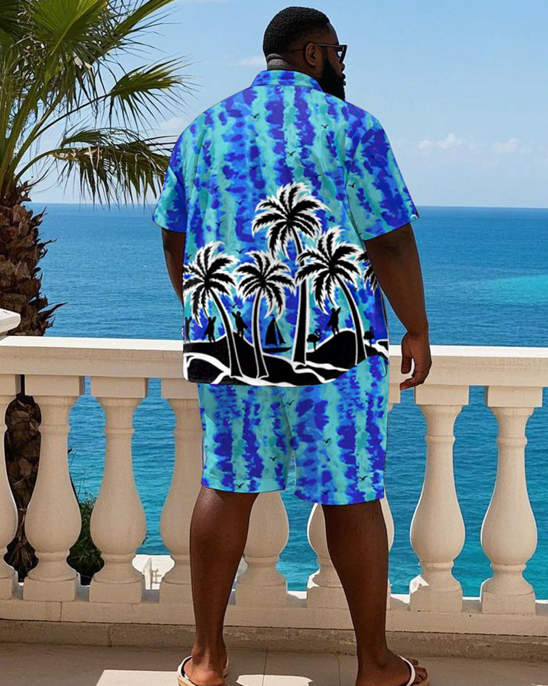 Hawaiian Blue Ocean Heart Coconut Tree Print Cuban Nare Short Sleeve Shirt Shorts Suit Men's Plus Size