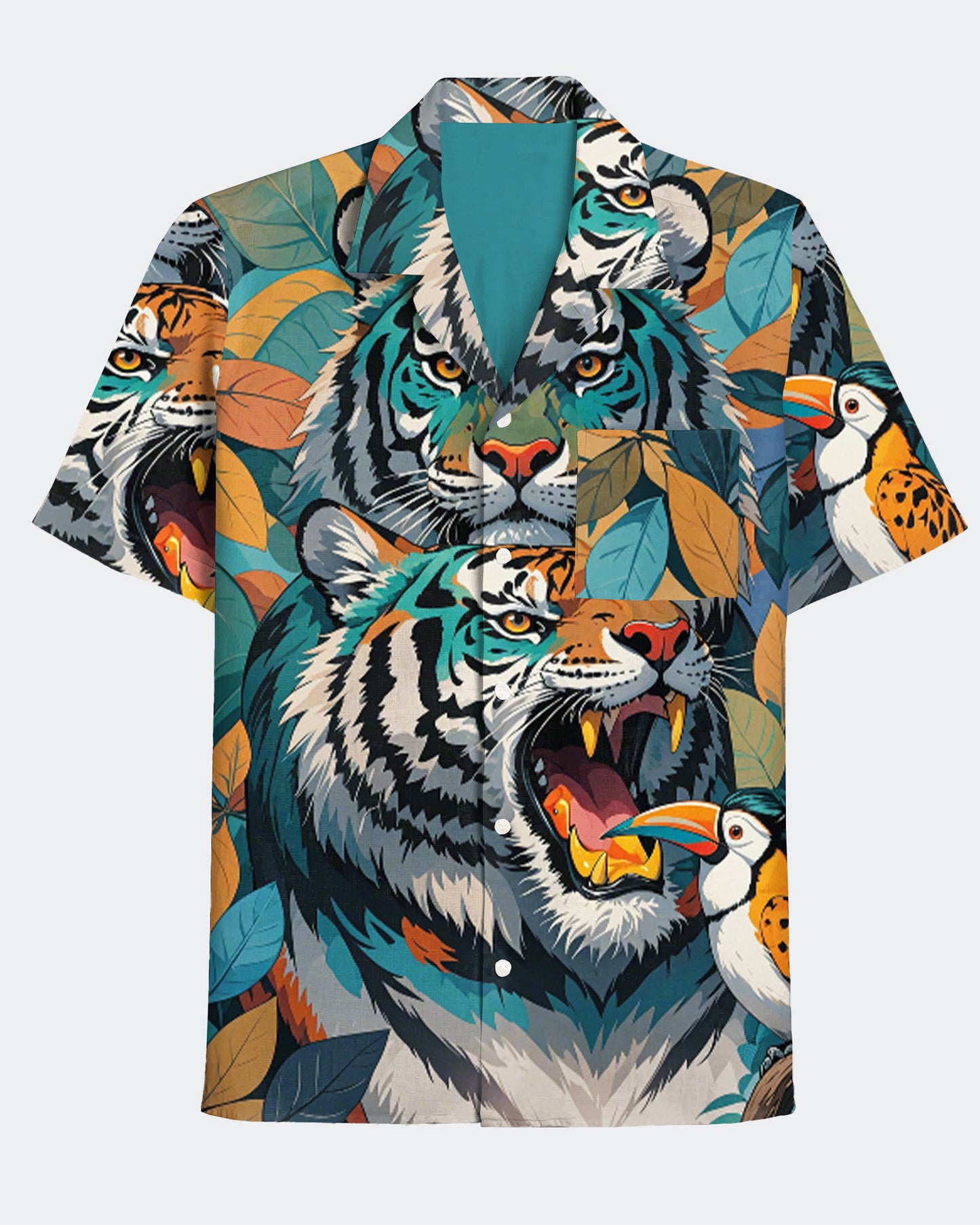 Men's Graffiti Tiger and Bird Style Hawaiian Cuban Collar Short Sleeve Shirt