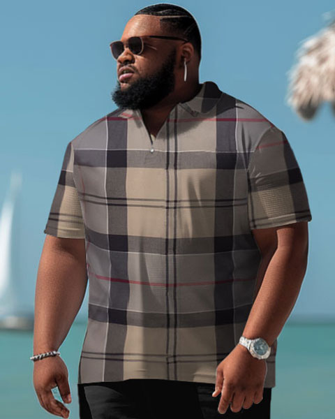 Men's Plus Size Casual Plaid Polo Shorts Set