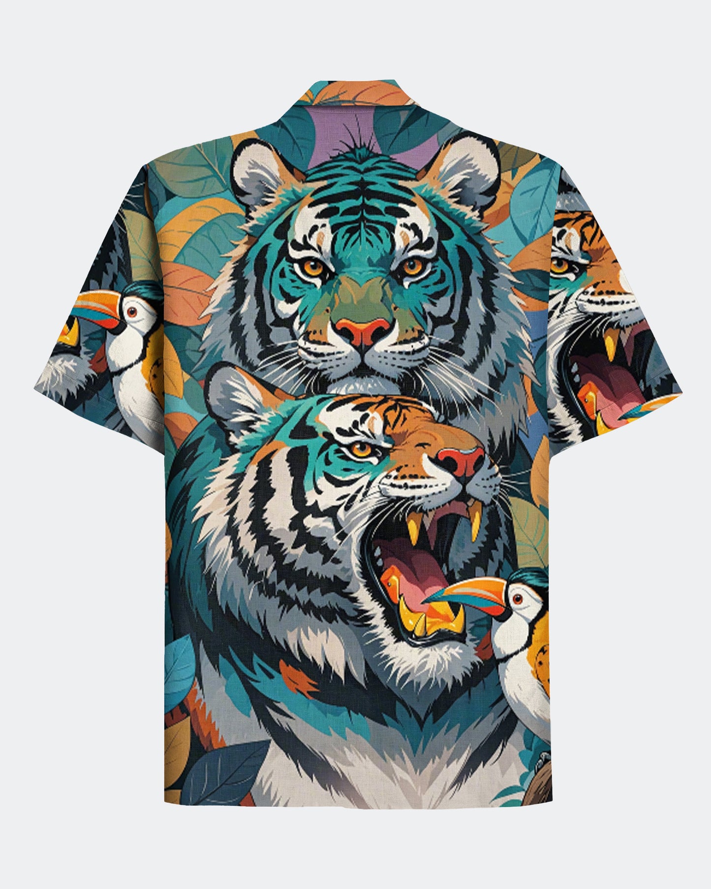 Men's Graffiti Tiger and Bird Style Hawaiian Cuban Collar Short Sleeve Shirt