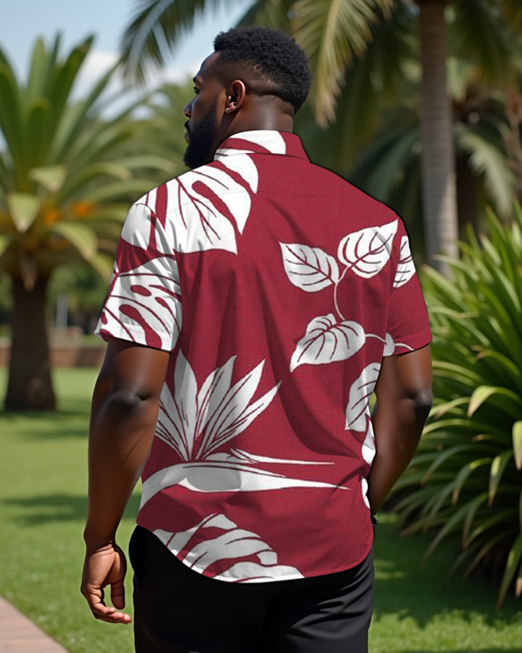 Hawaiian Casual Red Large Floral Printed Fabric Men's Plus Size Cuban Collar Short Sleeve Shirt