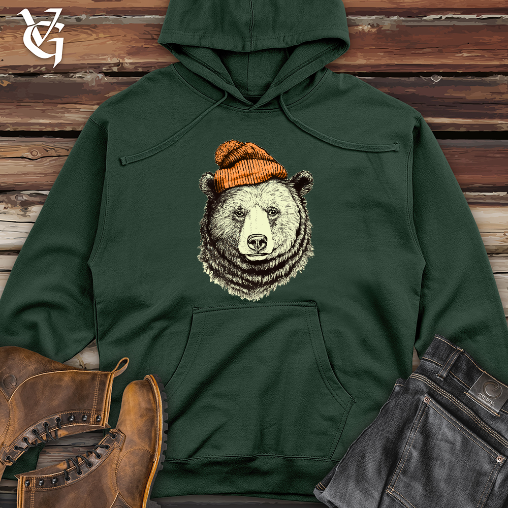 Bear Wearing Hunters Beanie Midweight Hooded Sweatshirt