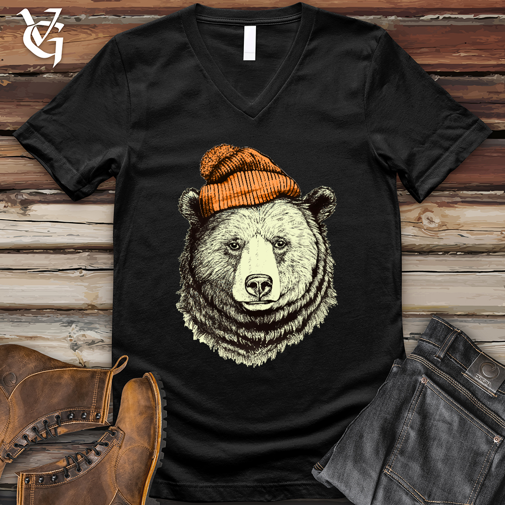 Bear Wearing Hunters Beanie V-Neck Tee