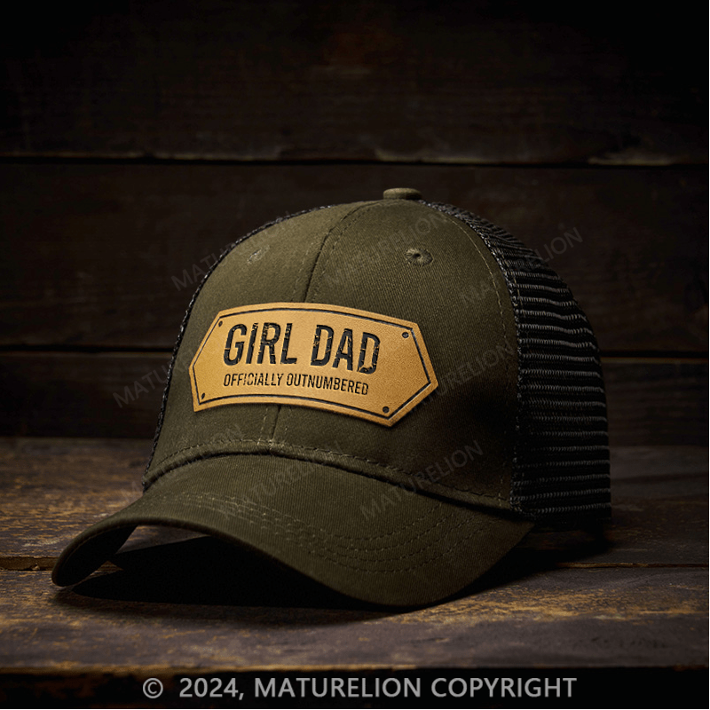 Maturelion Girl Dad Officially Outnumbered Funny Gift Leather Patch Cap