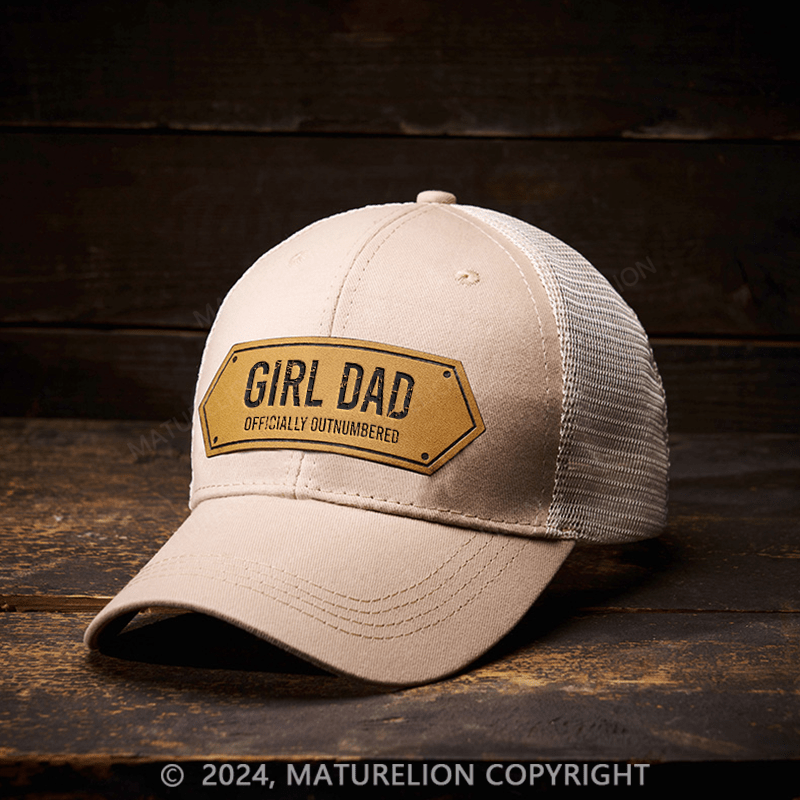 Maturelion Girl Dad Officially Outnumbered Funny Gift Leather Patch Cap