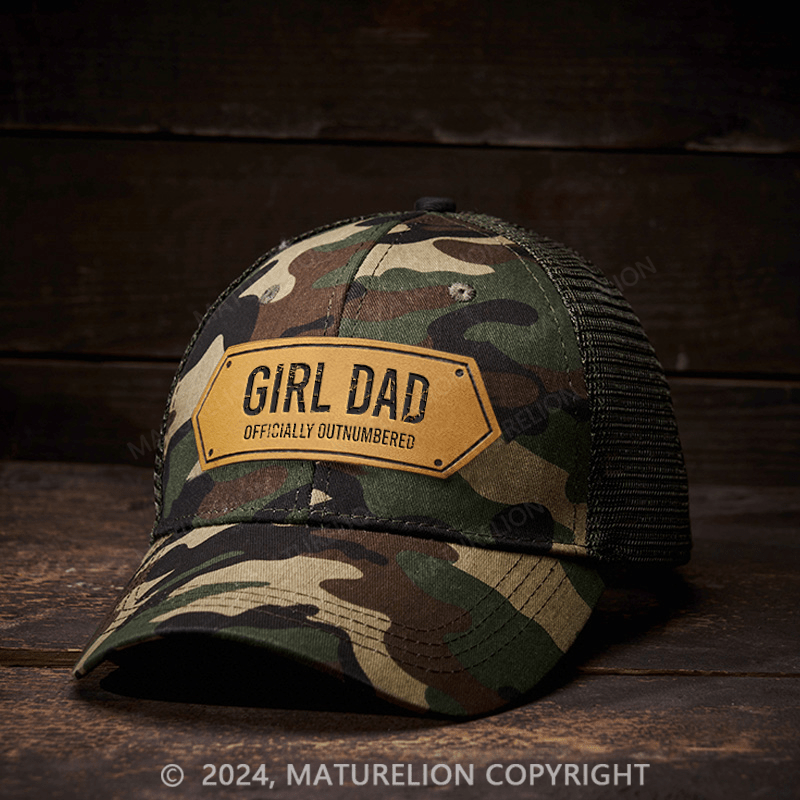 Maturelion Girl Dad Officially Outnumbered Funny Gift Leather Patch Cap