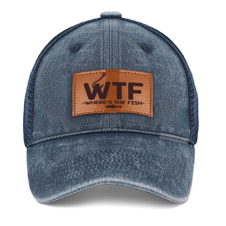 Maturelion WTF - Where's The Fish Funny Print Leather Patch Cap