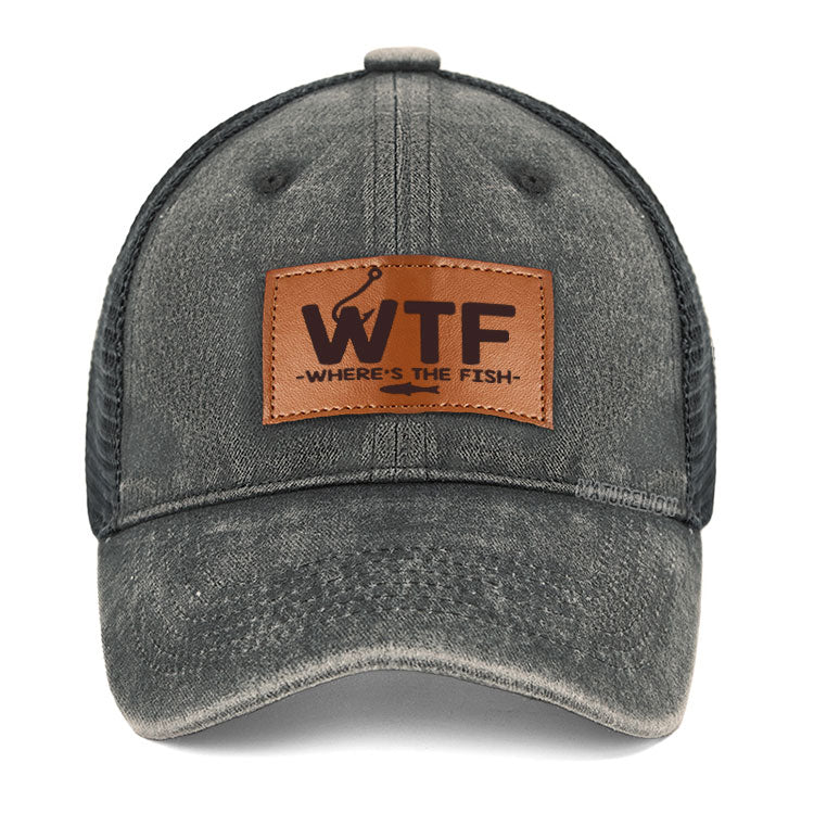 Maturelion WTF - Where's The Fish Funny Print Leather Patch Cap