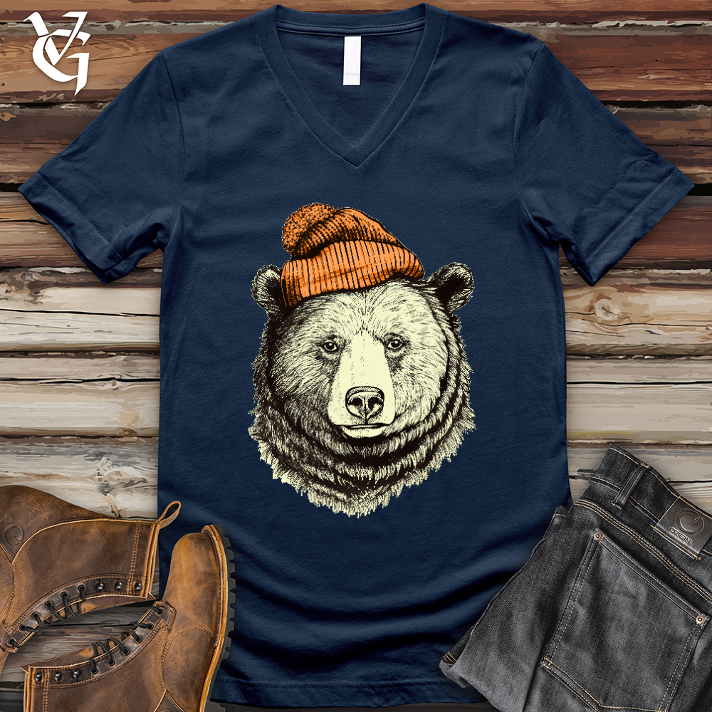 Bear Wearing Hunters Beanie V-Neck Tee