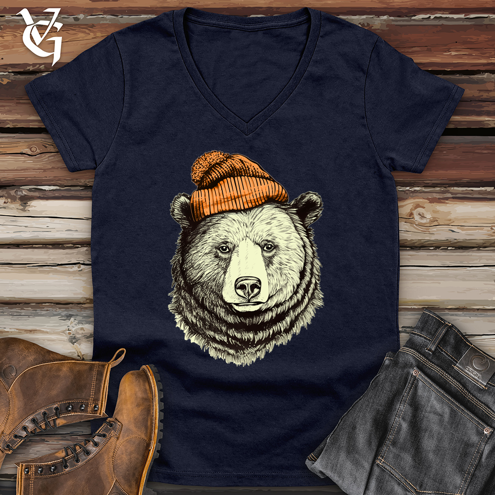 Bear Wearing Hunters Beanie Softstyle V-Neck