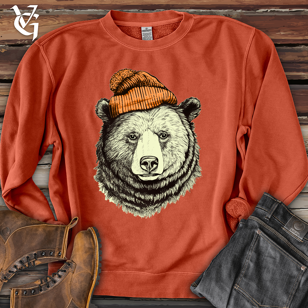 Bear Wearing Hunters Beanie Pigment Dyed Crewneck