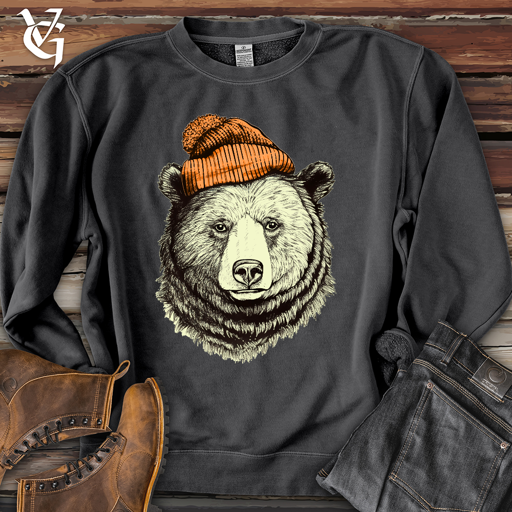 Bear Wearing Hunters Beanie Pigment Dyed Crewneck