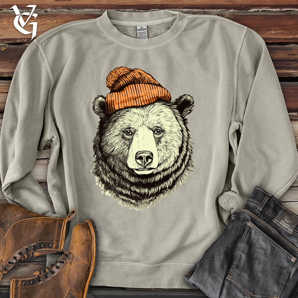 Bear Wearing Hunters Beanie Pigment-Dyed Crewneck