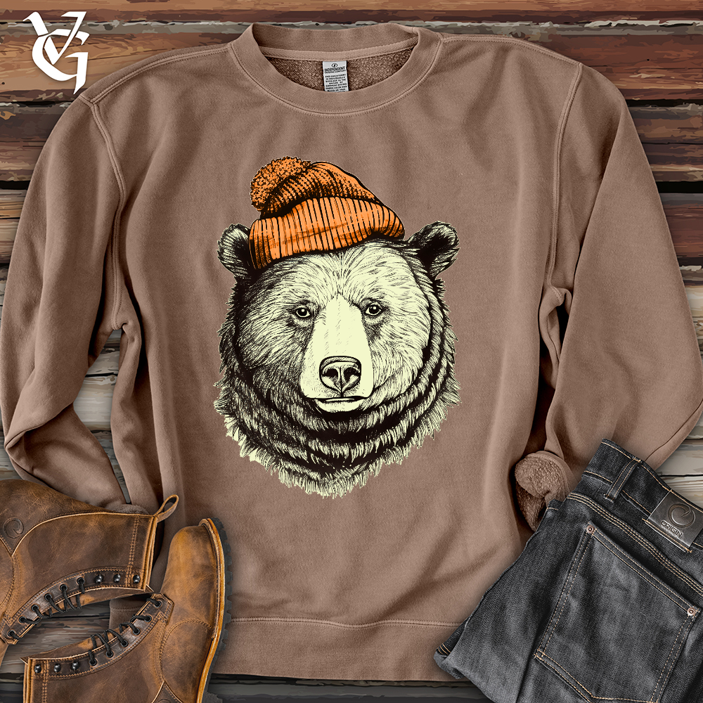 Bear Wearing Hunters Beanie Pigment Dyed Crewneck