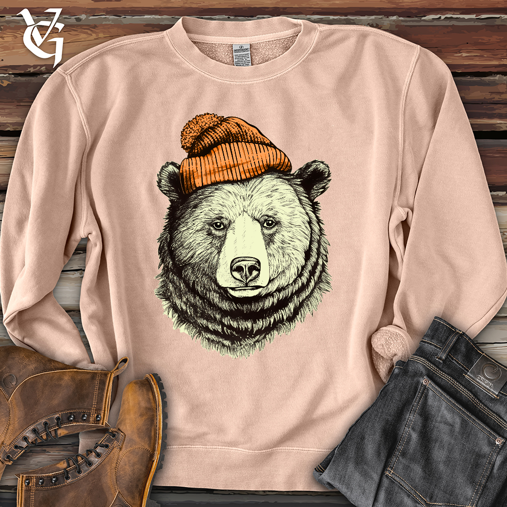 Bear Wearing Hunters Beanie Pigment Dyed Crewneck