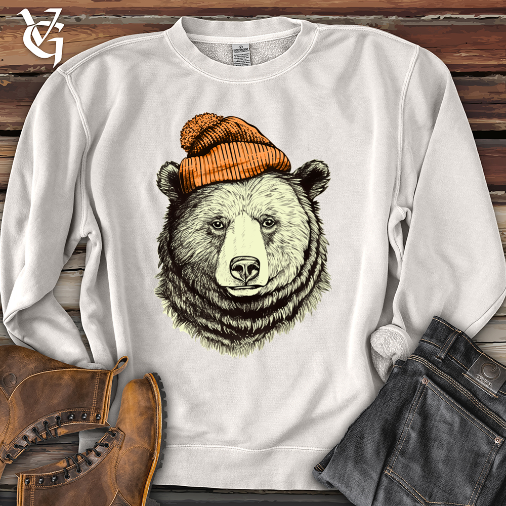 Bear Wearing Hunters Beanie Pigment-Dyed Crewneck