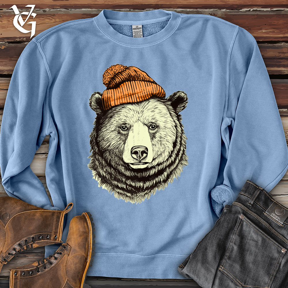 Bear Wearing Hunters Beanie Pigment-Dyed Crewneck