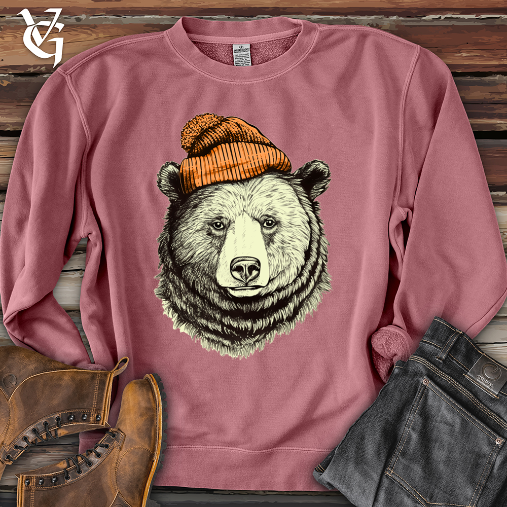 Bear Wearing Hunters Beanie Pigment-Dyed Crewneck