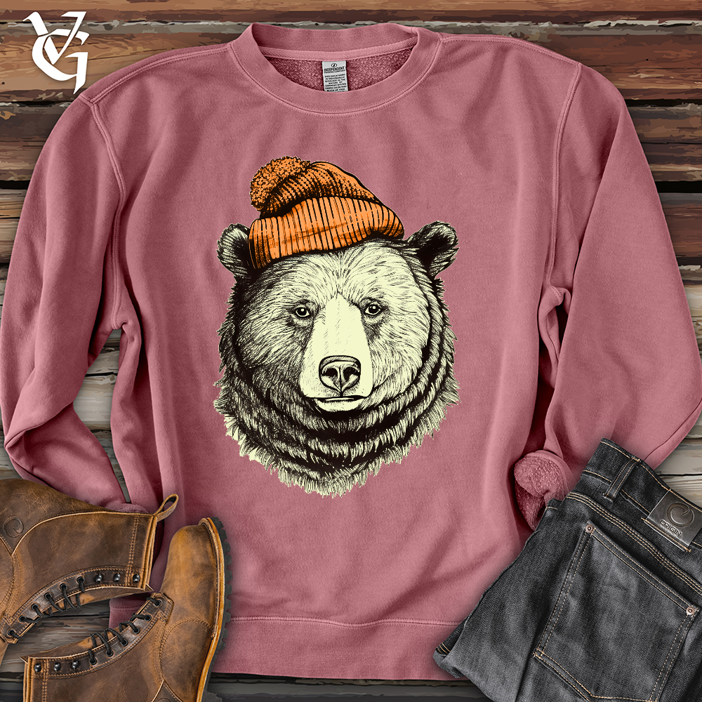 Bear Wearing Hunters Beanie Pigment Dyed Crewneck