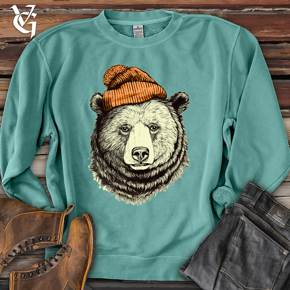 Bear Wearing Hunters Beanie Pigment Dyed Crewneck