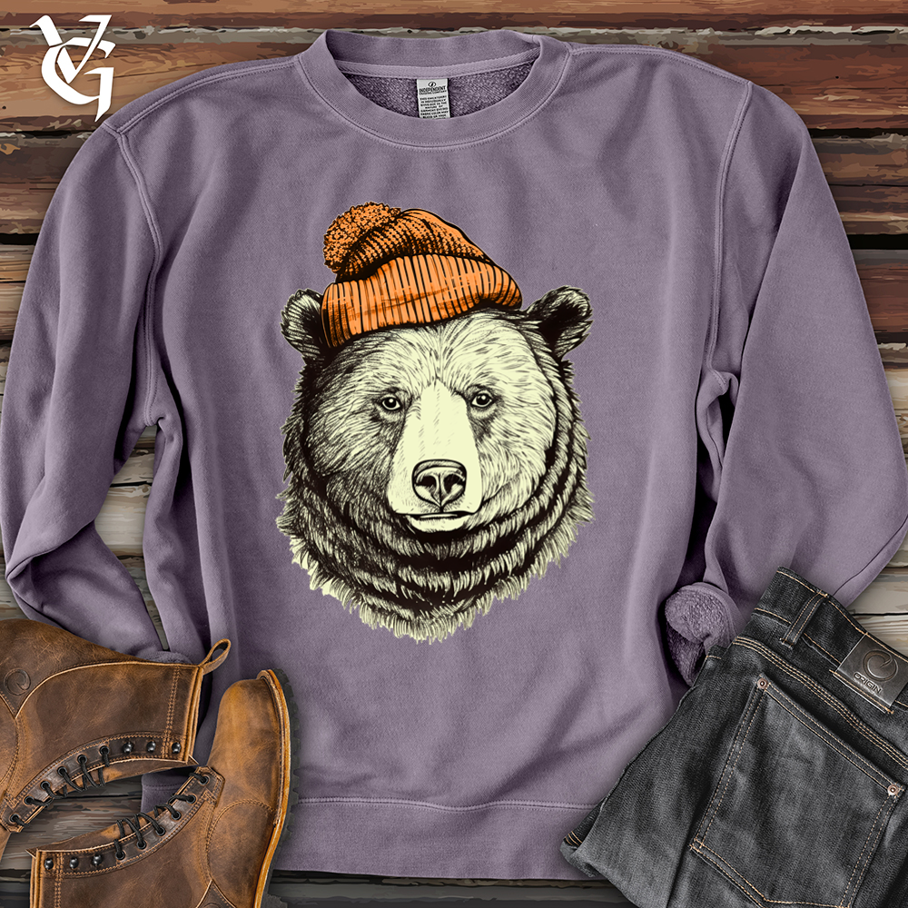 Bear Wearing Hunters Beanie Pigment-Dyed Crewneck