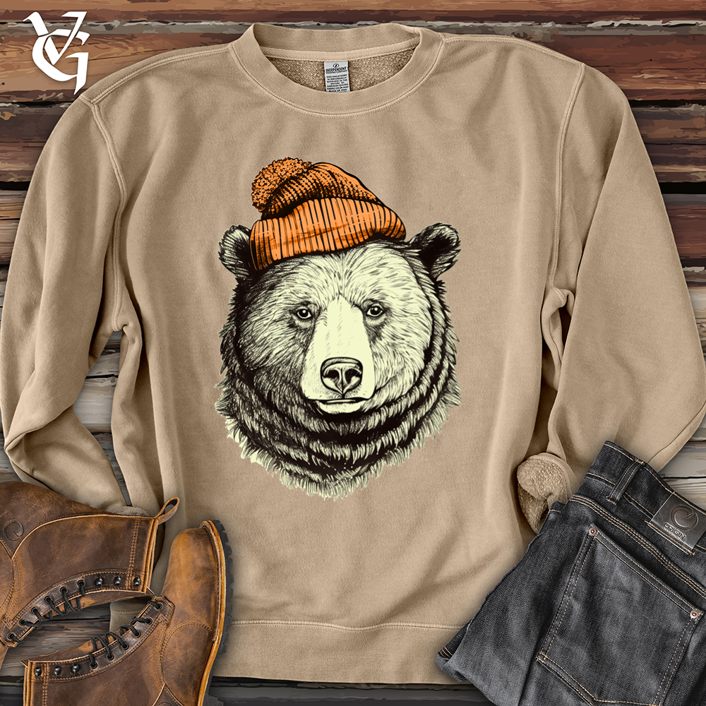 Bear Wearing Hunters Beanie Pigment-Dyed Crewneck