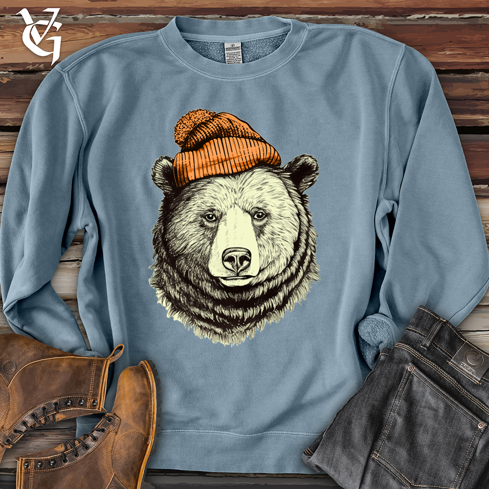 Bear Wearing Hunters Beanie Pigment-Dyed Crewneck