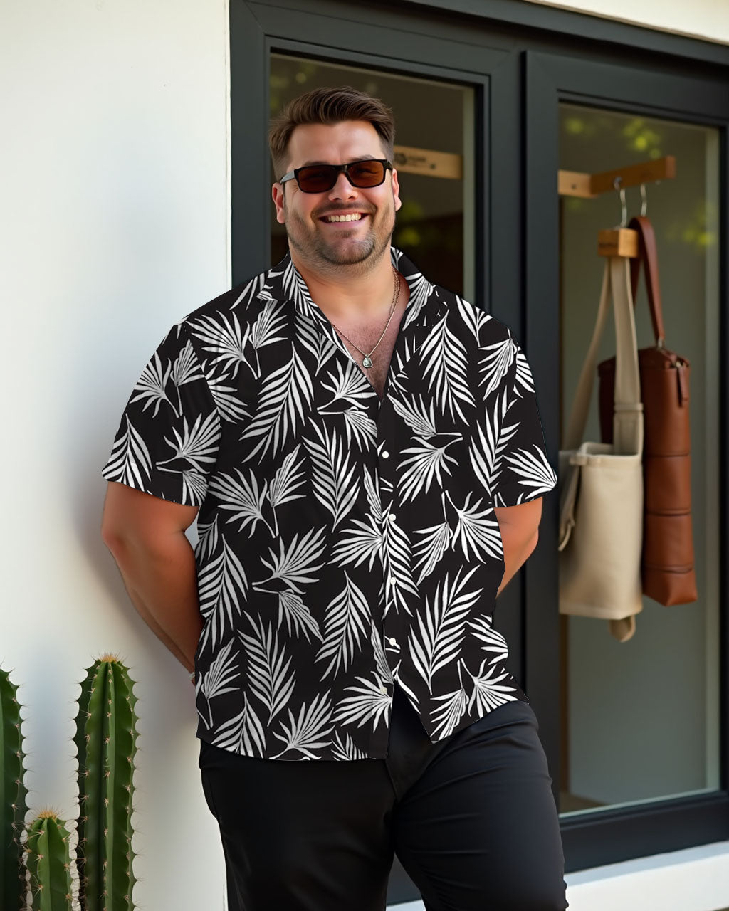 Men's Plus Size Shawat Coconut Black Plant Silhouette Short Sleeve Shirt