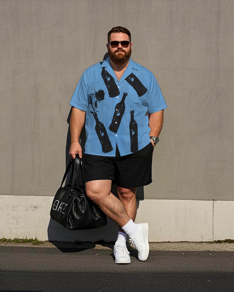 Men's Plus Size Blue Beer Bottle Black Monochrome Print Short Sleeve Shirt Shorts Suit