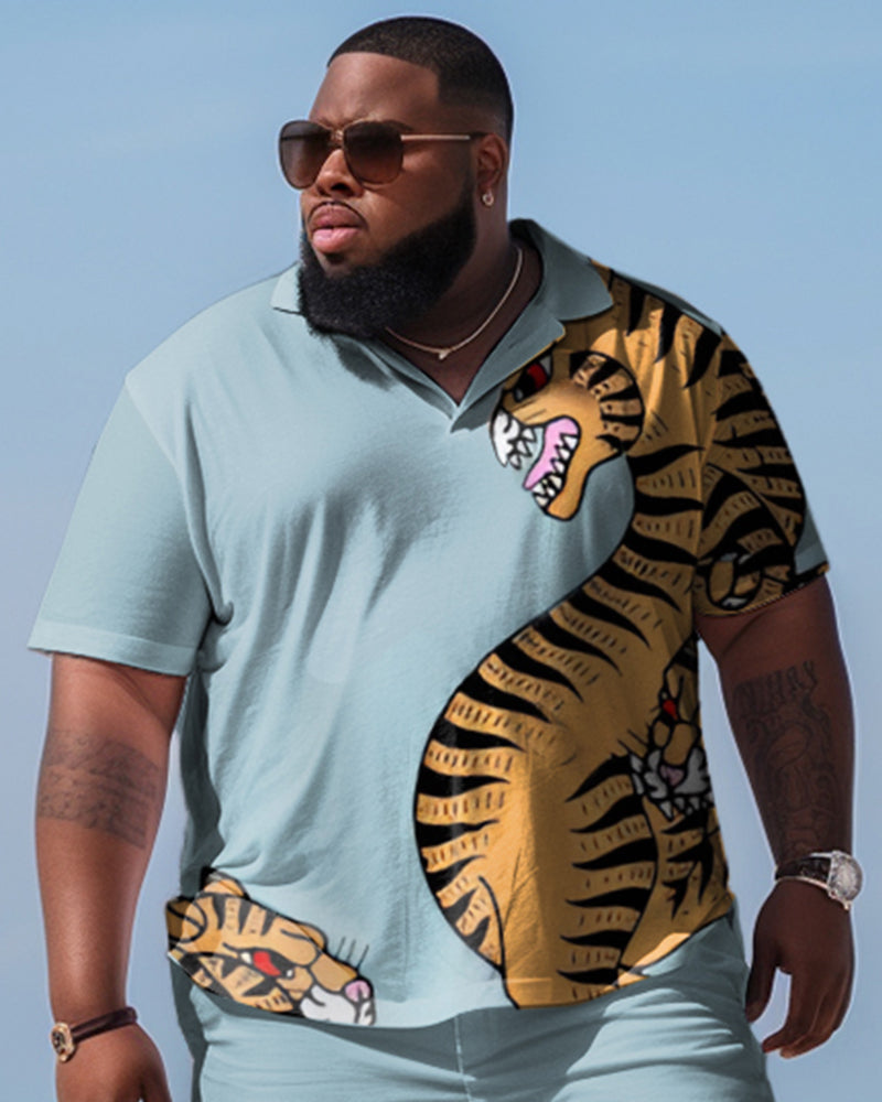 Men's Plus Size Beach Hawaiian Tiger Print Two-Piece Set