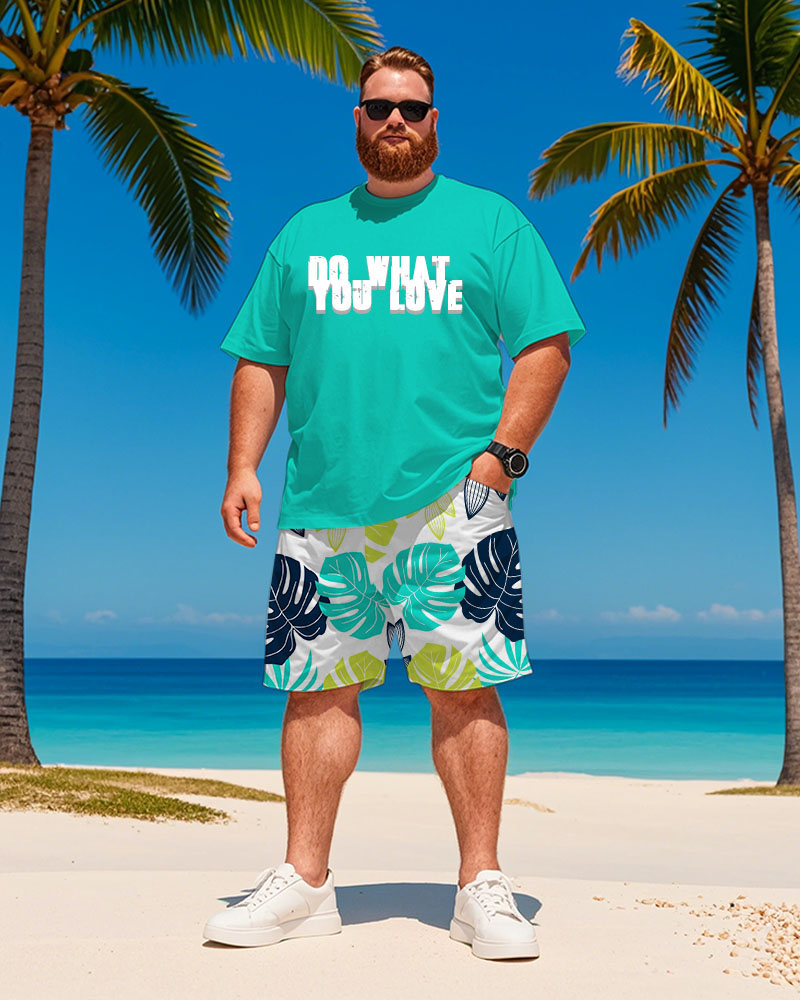 Men's Plus Size Hawaiian Turtle Leaf Letter Print T-Shirt Shorts Suit