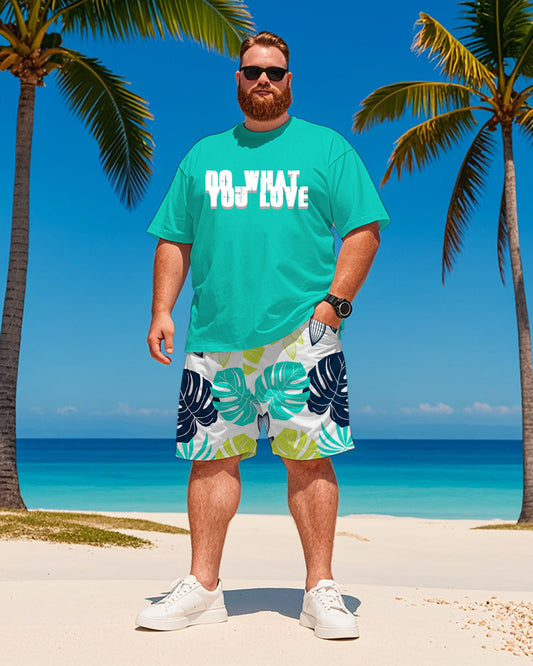 Men's Plus Size Hawaiian Turtle Leaf Letter Print T-Shirt Shorts Suit