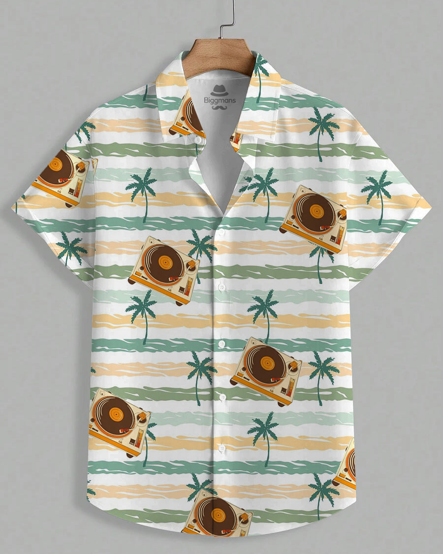 Men's Plus Size Hawaiian Green Coconut Stripe Musical Short Sleeve Shirt