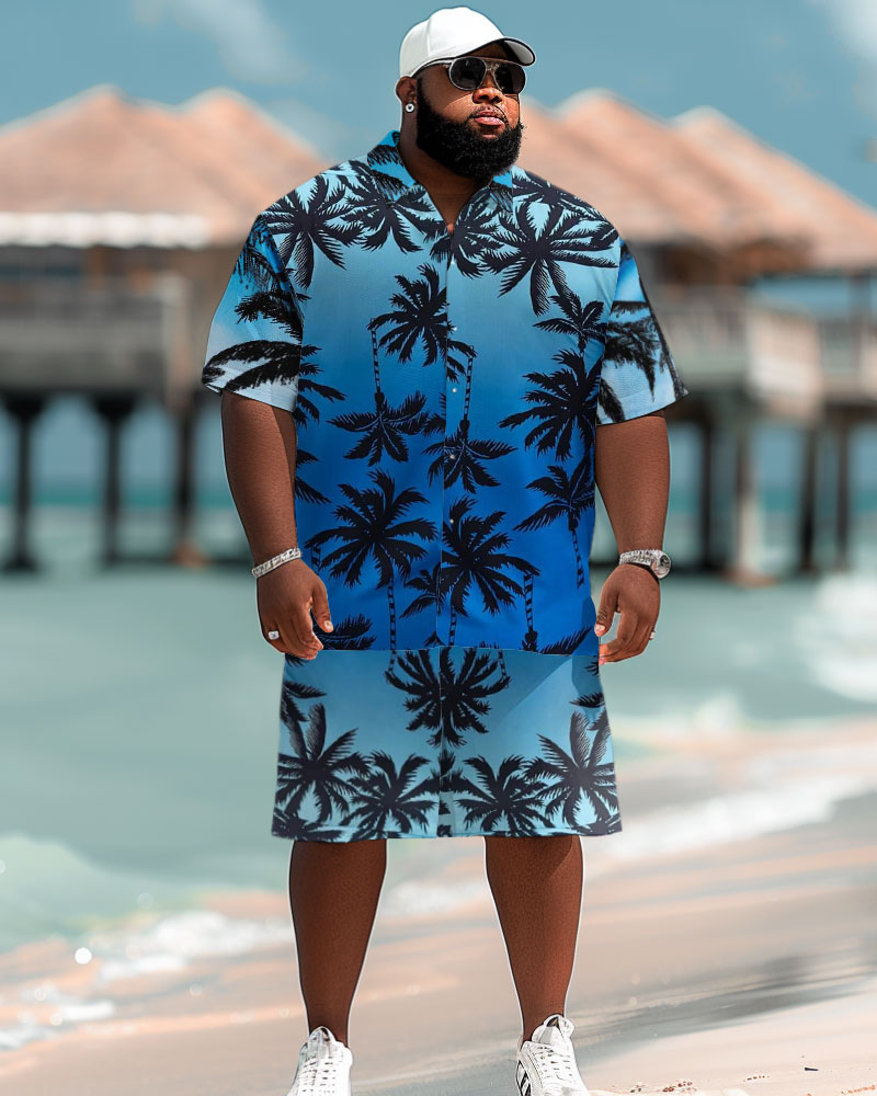 Men's Plus Size Hawaiian Gradient Coconut Tree Print Short Sleeve Shirt Shorts Suit