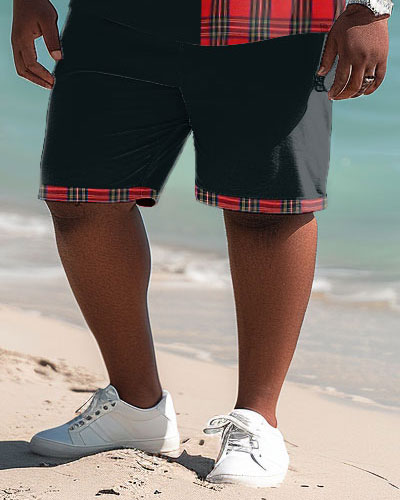 Men's Oversized Plaid Short Sleeve Polo Shirts and Shorts Set