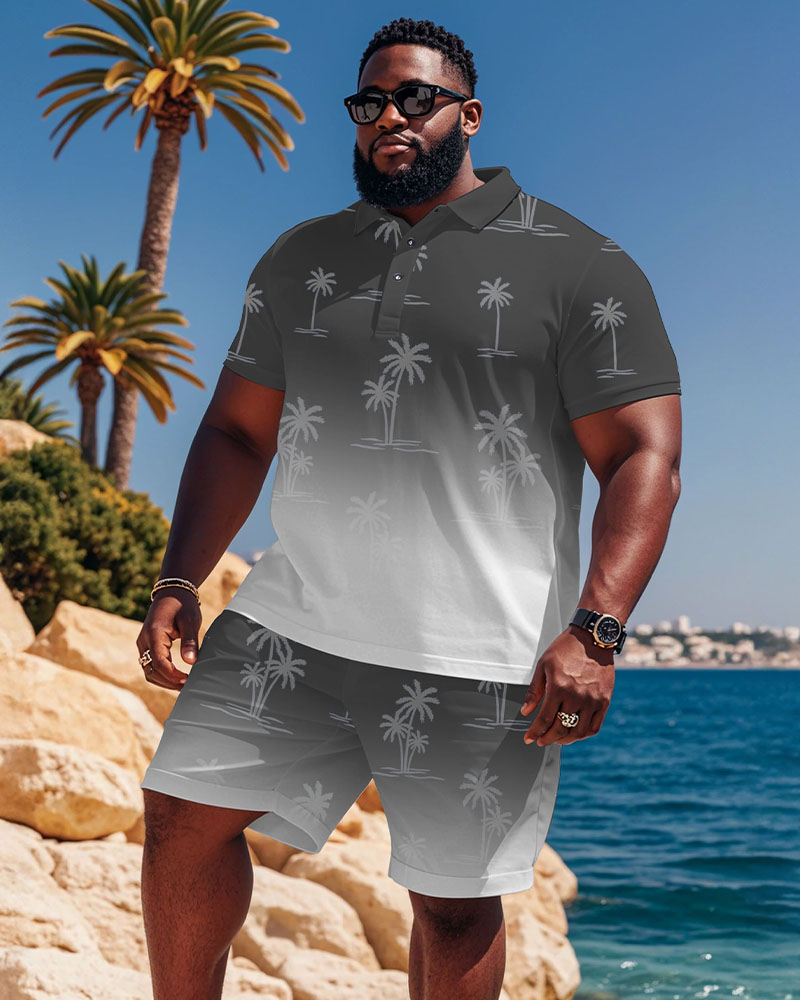 Hawaii Holiday High-end Gradient Jacquard Printed Short-sleeved Polo Shorts Suit Men's Plus Size