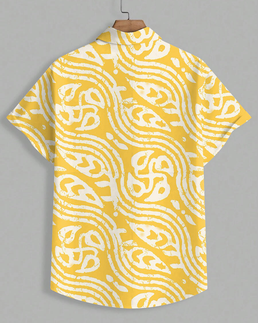 Men's Plus Size Hawaiian Yellow Tribal Wave Art Print Short Sleeve Shirt