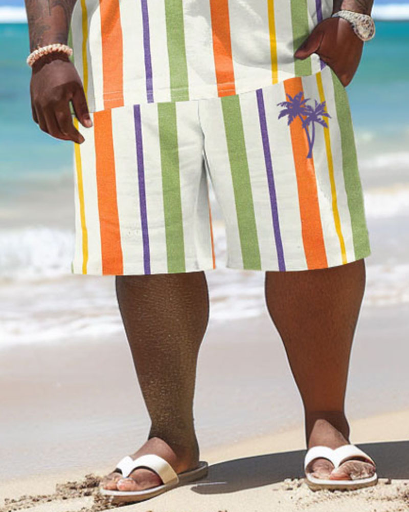 Men's Plus Size Hawaiian Striped Coconut Tree Print T-Shirt Shorts Suit