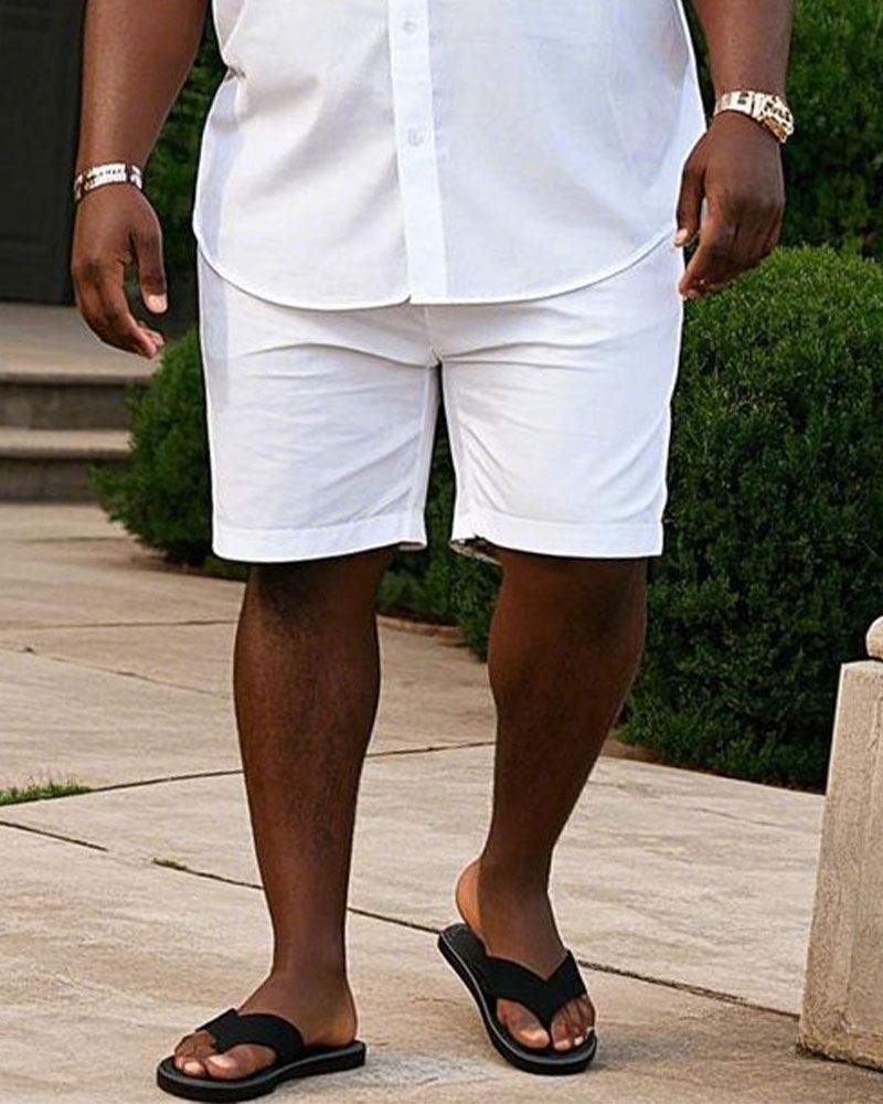 Solid White Cuban Collar Short Sleeve Shirt Shorts Suit Men's Plus Size